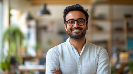 Obraz premium Smiling young man with glasses in a bright workspace during the day