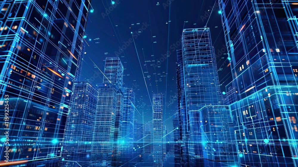 Poster a 3d digital model of a building, showing its structure and systems in a virtual environment.