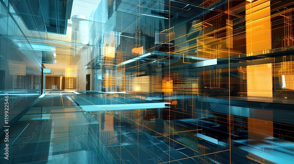 Poster a 3d digital model of a building, showing its structure and systems in a virtual environment.