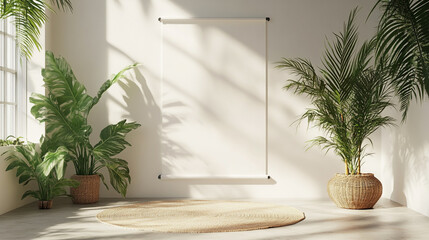 Obraz premium Natural light fills a minimalistic interior space with greenery and a blank canvas for creativity