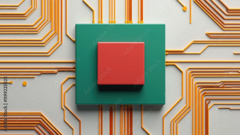 Poster abstract technology chipset red and green square processor on gold circuit board