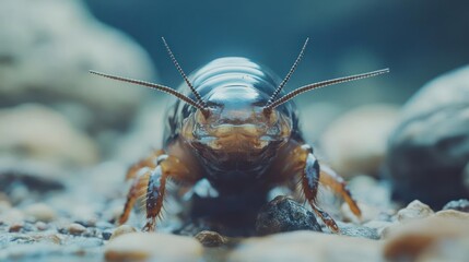 A large brown aquatic insect is crawling on the ground.