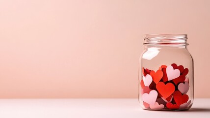Glass jar filled with red and pink paper hearts against neutral background