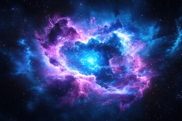 Cosmic neon explosion in blue and purple outer space digital art starry environment abstract viewpoint imagination concept