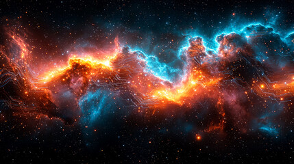 Cosmic Circuitry: A mesmerizing blend of nebula and digital pathways, exploring the intersection of space and technology.