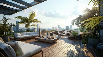 Fototapeta premium A spacious rooftop terrace with outdoor furniture and panoramic views of a city skyline.