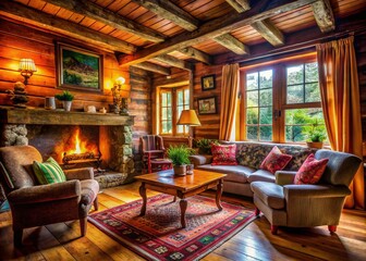 Rustic Living Room, Traditional Wooden House Interior, Candid Photo