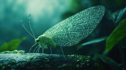 A white lacewing is resting on a rock in a forest.