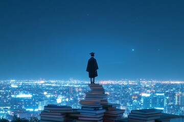 Naklejka na ściany i meble Graduation celebration at night with a view over a city from a stack of books