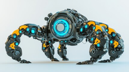 Futuristic robotic spider with glowing blue core and mechanical limbs in a minimalistic setting