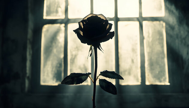 Silhouetted black rose in front of a sunlit window, evocative of mystery, hope, or loss.  Dark and moody aesthetic.