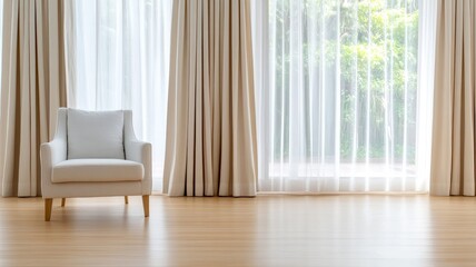 Bright and minimalist living room with cushioned armchair by large window light curtains