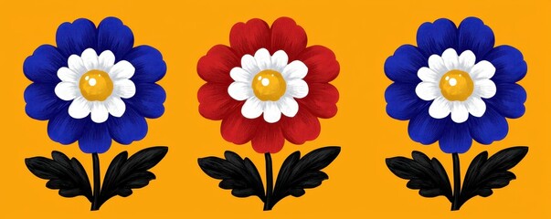 Obraz premium Vibrant Red White and Blue Flowers on Orange Background Floral Design Illustration