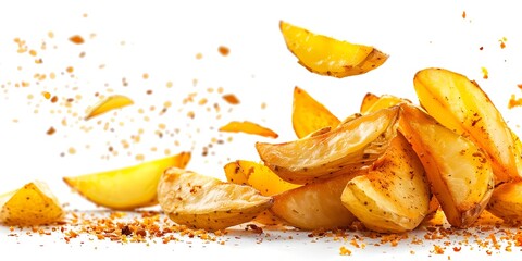 Delicious crispy seasoned potato wedges and fries sprinkled with spices creating a tantalizing culinary experience on a white background