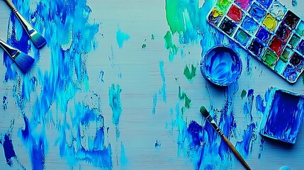 A creative workspace table with a watercolor palette, brushes dipped in paint, and splatters of color for a vibrant look