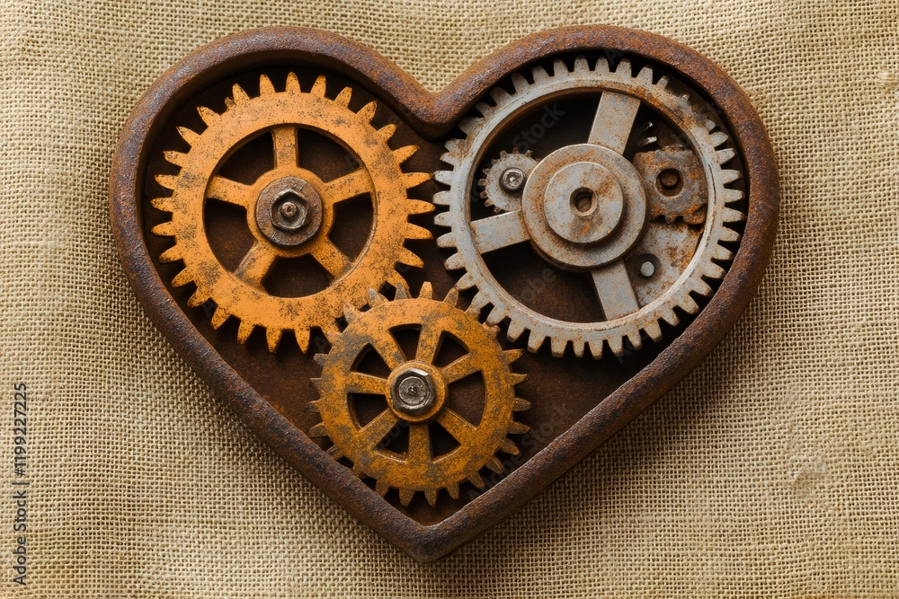 Poster rusty heart shaped gears interlocking on burlap background