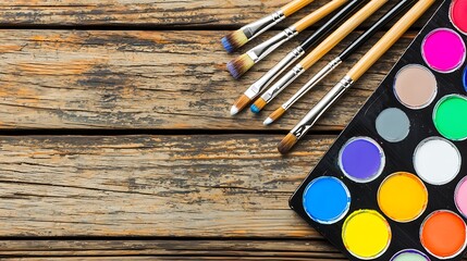 Fototapeta premium A rustic table featuring a watercolor palette with a variety of colors, clean brushes, and an inviting artistic workspace