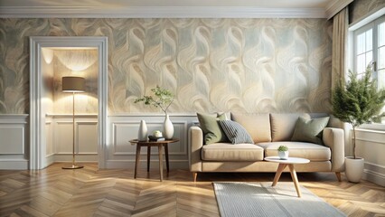 Fototapeta premium Abstract beige wallpaper transforms a Scandinavian living room, softened by subtle skirting boards.