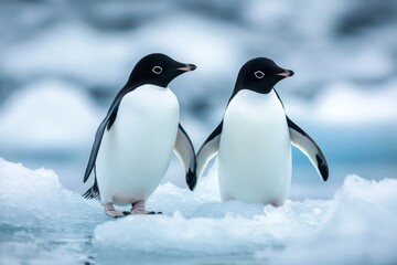 Obraz premium Two adelie penguins holding flippers on ice floe in antarctica