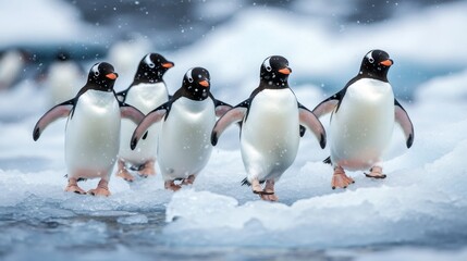 Fototapeta premium Gentoo penguins walking on ice floes in antarctica