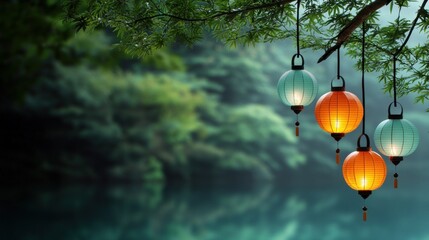 Serene Hanging Lanterns in Forest