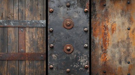 Fototapeta premium A triptych of rustic textured panels with wood metal and corroded surfaces