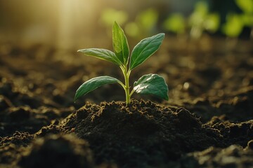 Emerging green seedling in rich soil under bright sunlight nature close-up vibrant growth environment macro view