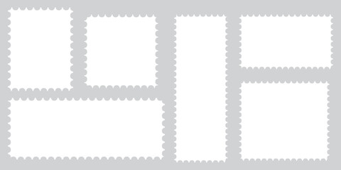 Postage stamp set. Post stamp frames and borders. Beige round and rectangular template for mail, postcard, letter. Jagged wavy edge forms. Vintage objects for poster, banner, badge, sticker. Vector
