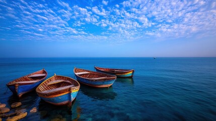 Naklejka premium Serene Coastal Boatscape: Four Vibrant Fishing Boats at Rest in a Tranquil Ocean Under a Sky Adorned with Fluffy Clouds