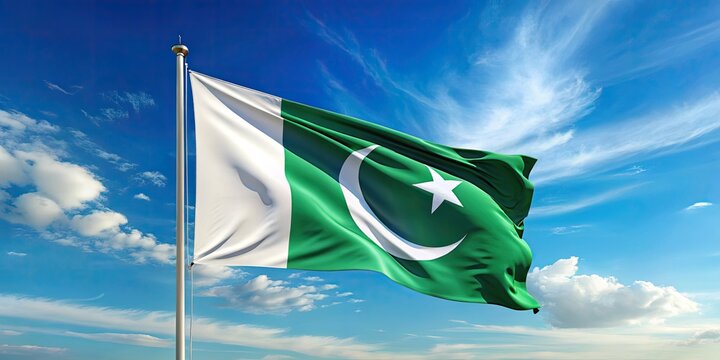 A PTI flag waves under a blue sky, a vibrant symbol of Pakistan's Tehreek-e-Insaf party during a political rally.