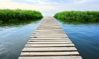 Obraz premium Serene wooden boardwalk extending over tranquil waters, bordered by lush green reeds; a peaceful, idyllic scene perfect for meditation or relaxation.