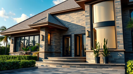 Fototapeta premium Luxury Modern House Exterior: Stone Facade, Elegant Design, Dream Home Architecture