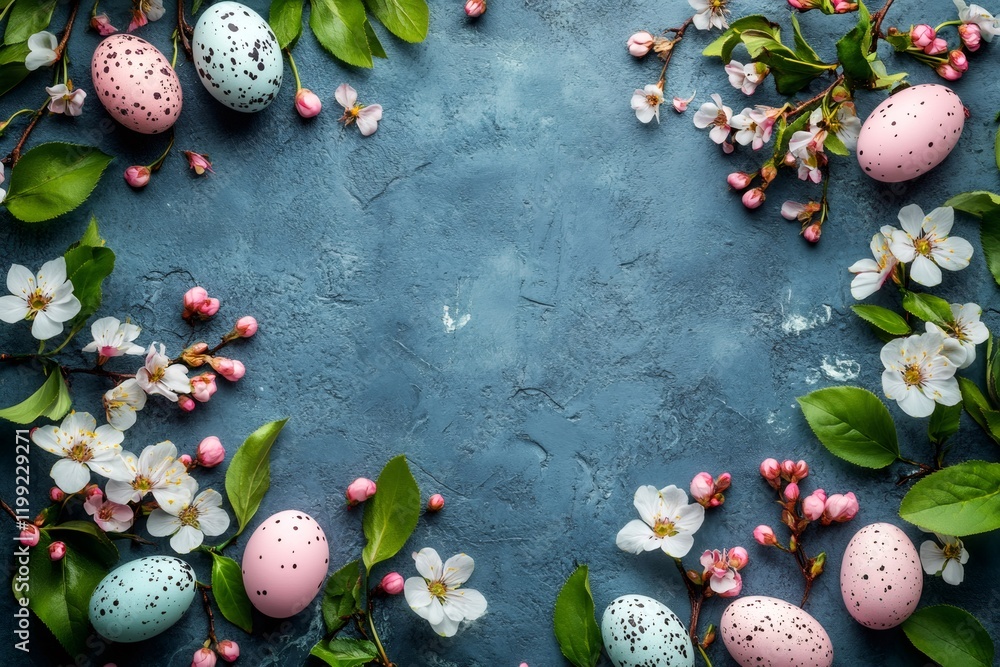 Poster easter eggs and spring flowers creating a frame on a textured blue background