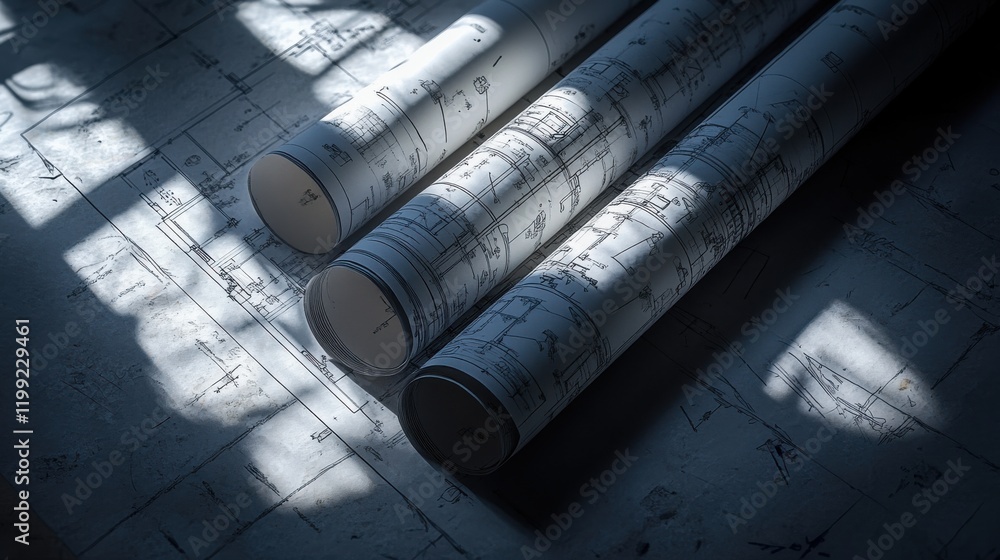 Poster three rolled architectural blueprints resting on a table with soft light casting shadows