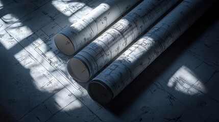 Three rolled architectural blueprints resting on a table with soft light casting shadows