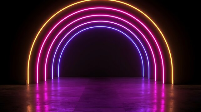 Abstract patterns created by colorful neon lights illuminating a dark space with vivid hues and striking contrasts