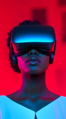 Female experiencing virtual reality, wearing high-tech headset, exploring immersive digital landscape of metaverse technology