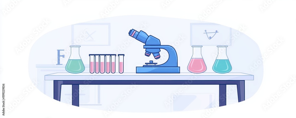 Poster scientific laboratory setup microscope test tubes erlenmeyer flasks research experiment