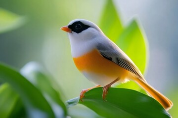 Fototapeta premium Silver-eared mesia perched on green leaf in natural habitat