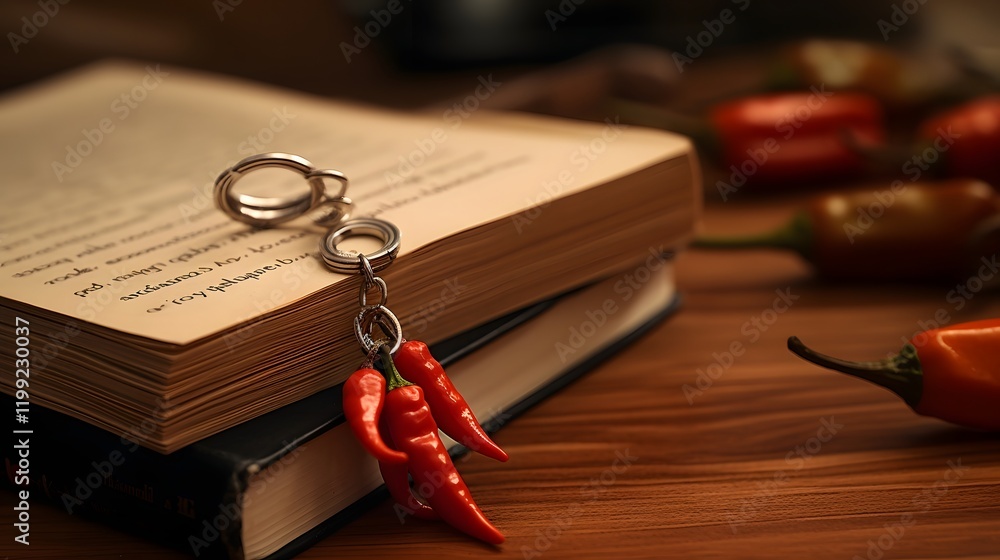 Poster a vibrant chili shaped keychain casually resting on a stack of colorful recipe books creating a visu