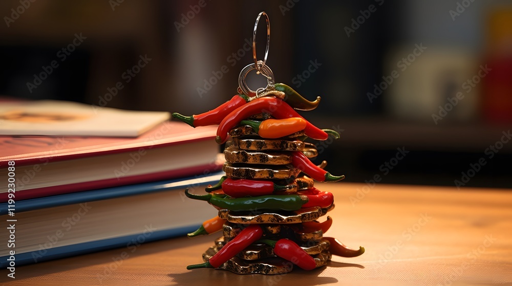 Poster close up view of a bright red chili shaped keychain resting on a stack of open recipe books showcasi