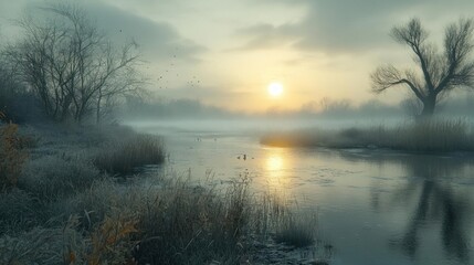 A beautiful foggy river and a tree in the background at sunrise.