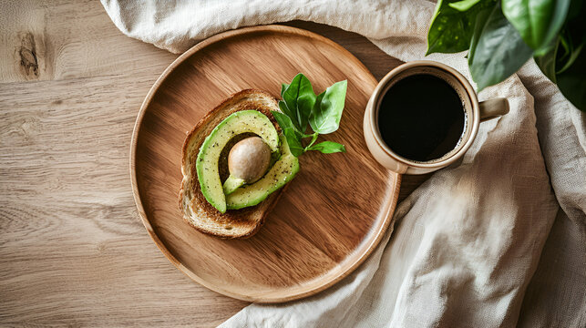 Avocado toast and coffee on a wooden tray, a simple yet elegant breakfast or brunch setup.
