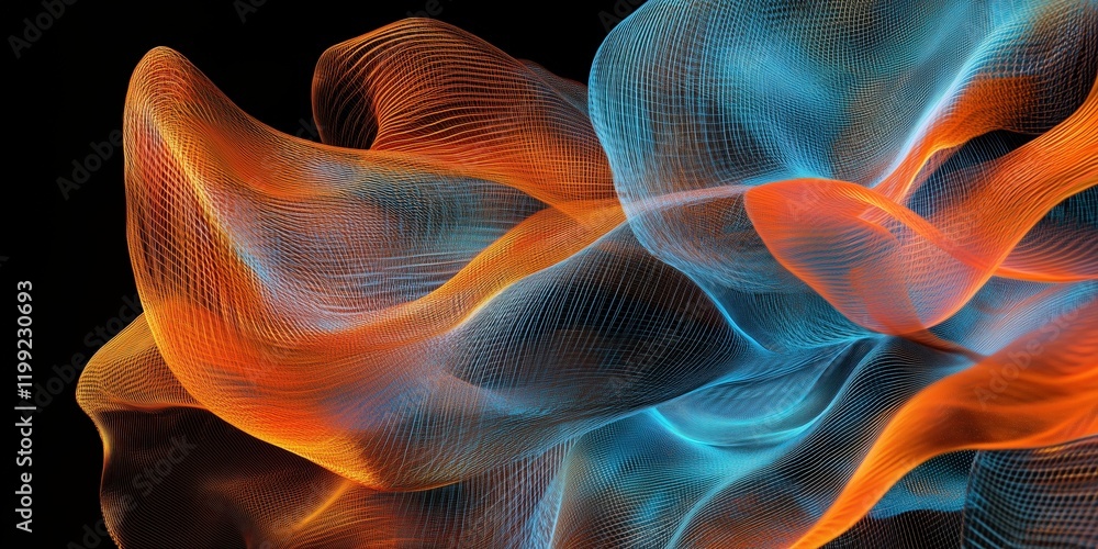 Poster abstract flow: intertwining strands of vibrant orange and teal light create a dynamic, abstract comp