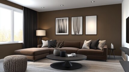 living room interior in mocha mousse tone, pantone 2025