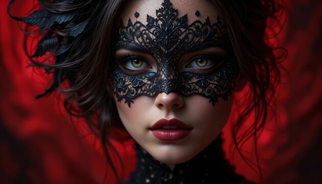 Beautiful woman wearing a black masquerade mask