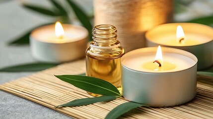 A harmonious composition of herbal oil bottles, green leaves, and soft candlelight on a natural bamboo mat