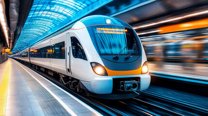 Naklejka premium High-Speed Train in Motion: A Glimpse of Modern Rail Travel and Urban Transportation