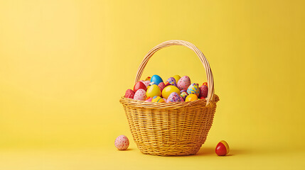 Easter basket filled with colorful, decorative eggs on a vibrant yellow background