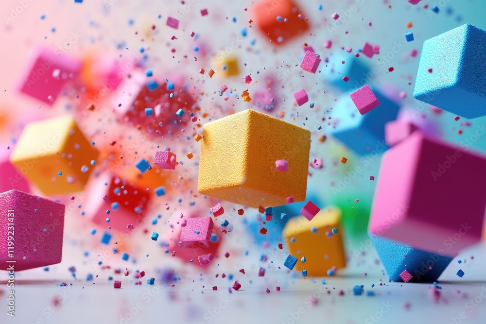 Poster Colorful cubes exploding and creating particles in the air